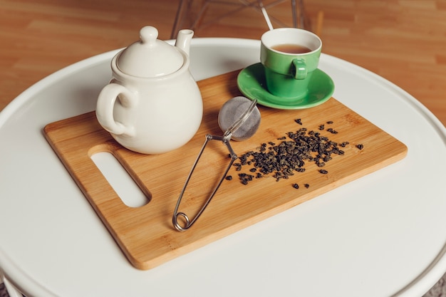 Tea set and tea leaves