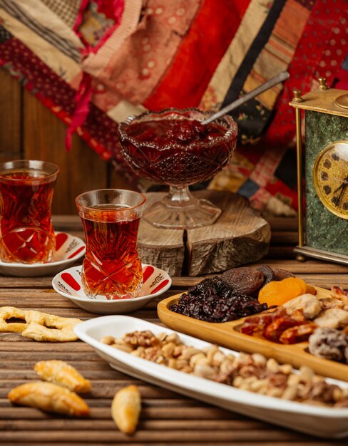 A tea set for two pax with selection of sweets, confitures and dry fruits