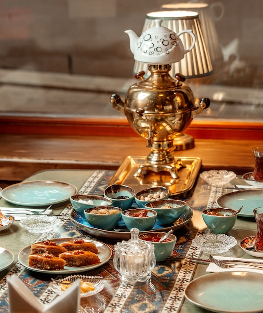 Tea set with baklava, jams and dried fruits