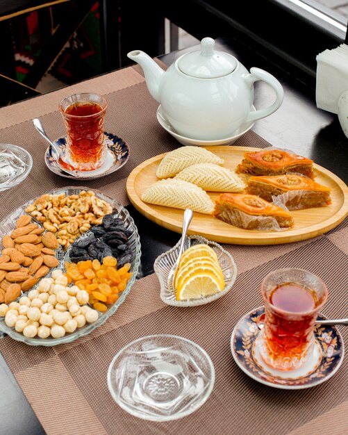 Tea set with baklava, shekerbura, lemon, dry fruits and nuts