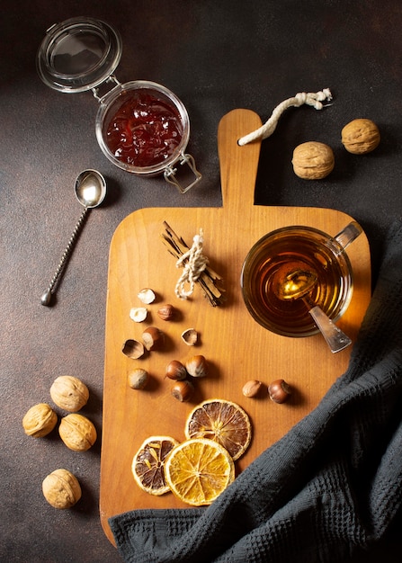 Tea winter drink on wooden board