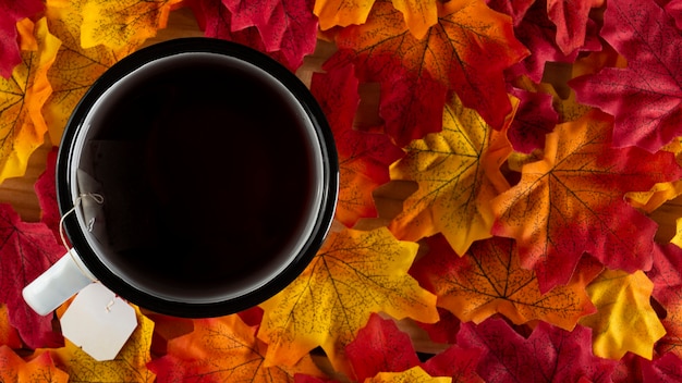 Tea with autumn leaves, top view