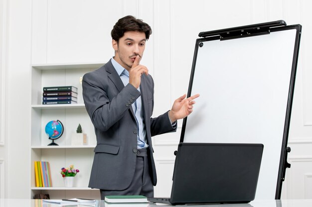 Teacher smart instructor in grey suit in classroom with computer whiteboard showing silence sign