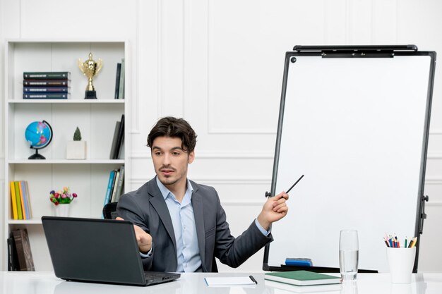 Teacher young instructor in office suit in the class with computer and whiteboard teaching