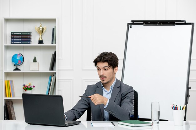 Teacher young instructor in office suit in the class with computer and whiteboard with pen