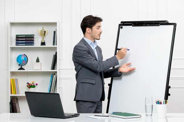 Teacher young instructor in office suit in the class with computer and whiteboard writing on board