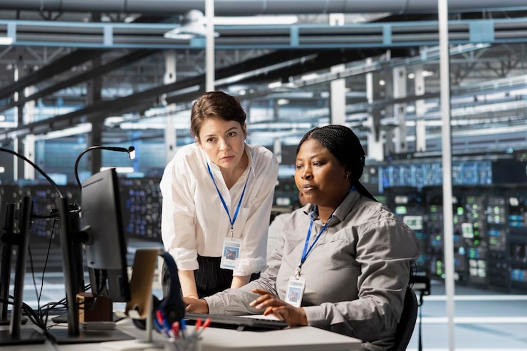 Free Photo team of admins working together in server hub analyzing rigs data