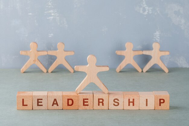 Team building and business concept with wooden blocks with words on it, wooden human figures side view.