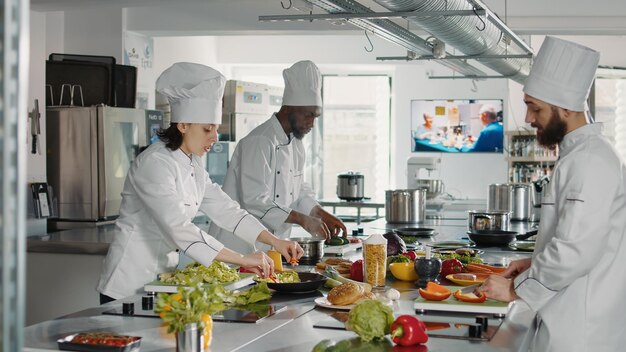 レストランの厨房での食事の準備のためにまな板で野菜をスライスする料理人のチーム。男性と女性が有機食材を使ったグルメ料理を調理し、料理のレシピに取り組んでいます。