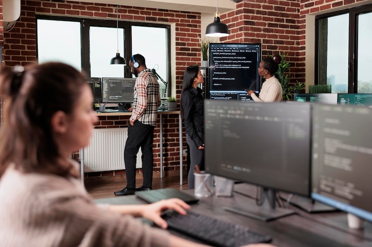 Free Photo team developing additional layers of security in order to sustain good functionality of system. mixed race back end network developers analyzing interface database cloud processing method.