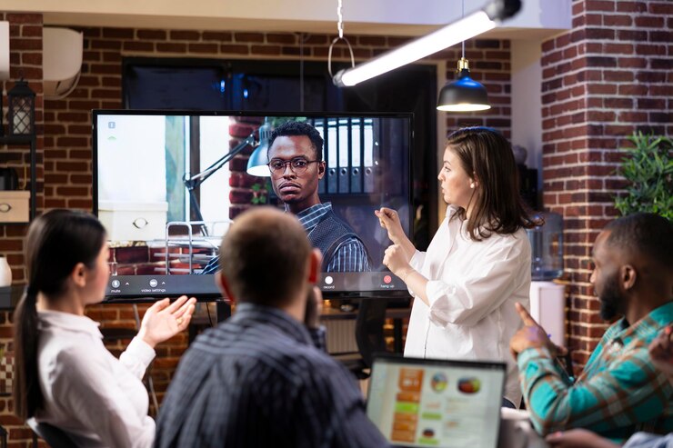Free Photo team engaging in virtual meeting with businessman