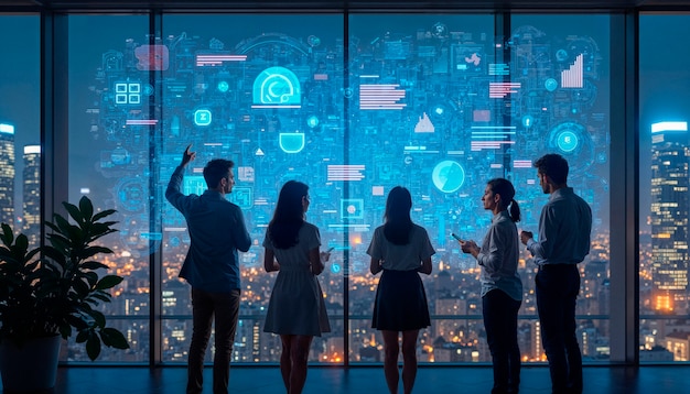 team looking at a futuristic digital interface in an office
