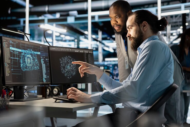 Free Photo team of technicians using pc in data center integrating ai automation tools