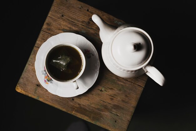 Teapot and cup on stool