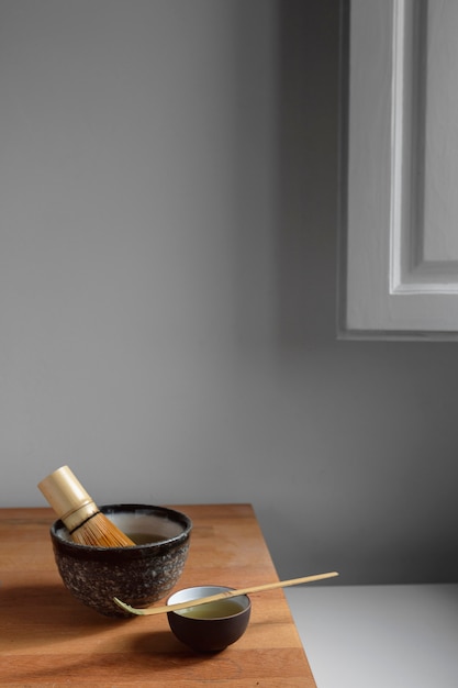 Teapot and tea set on wooden tray