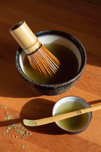 Teapot and tea set on wooden tray