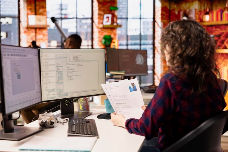 Free Photo tech startup company hr employee looking at cvs and doing background checks
