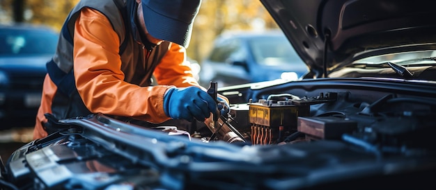 A technician in gloves examines an EV's battery