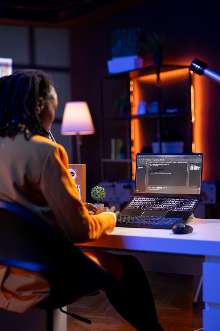 Free Photo technician in home office typing code on notebook device