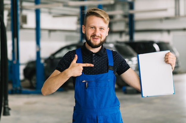 Technician pointing on folder