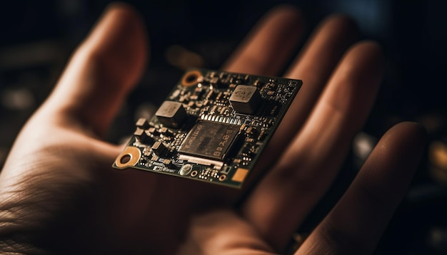 Technician repairing computer equipment soldering semiconductor innovation generated by AI