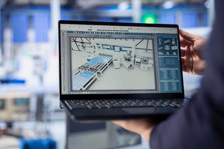 Free Photo technician using laptop to monitor solar panel factory assembly lines close up