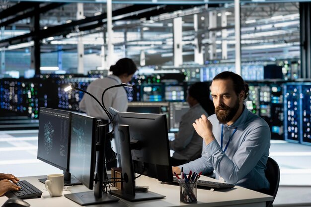 technician using pc in data center to update server tech configuring equipment