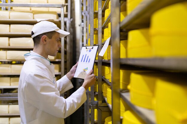Free photo technologist in a white robe holding graphs statistics and stands near the shelves with cheeses production of cheese products racks with cheeses