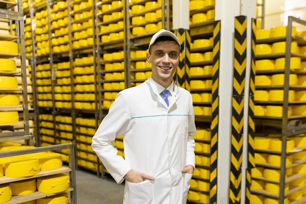Технолог с сыром в руках проводит инспекцию готовой продукции в отделе молочного завода