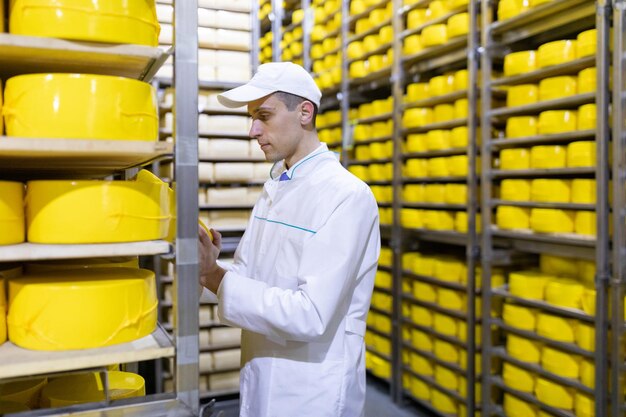 Free photo technologist with cheese in his hands make an inspection of ready prooduction at the department of dairy factory