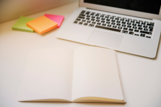 Technology and desk concept with book