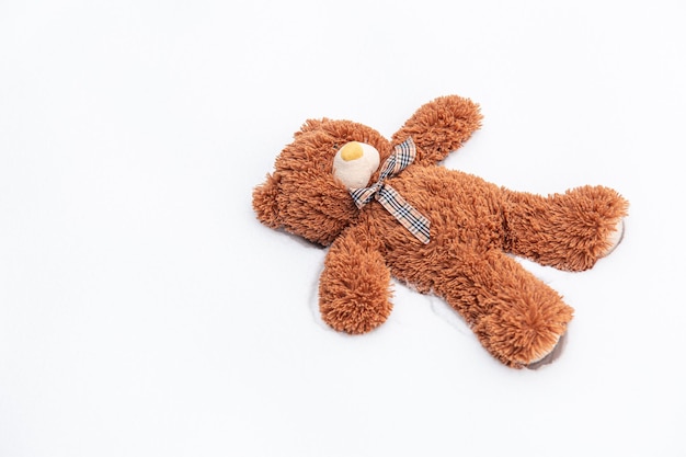 A teddy bear lies alone among the snow