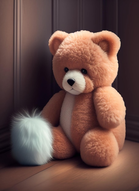 A teddy bear with a fluffy tail sits on a dark floor.