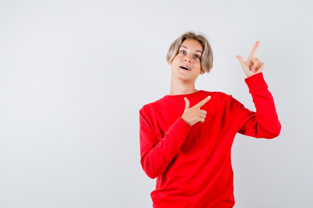 Teen boy in red sweater pointing up, opening mouth and looking amazed , front view.