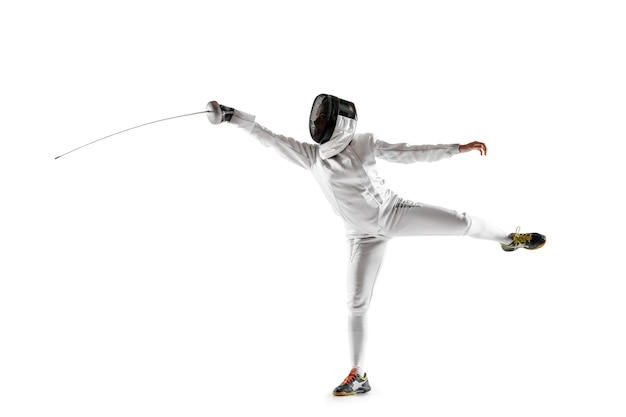 Teen girl in fencing costume with sword in hand isolated on white background