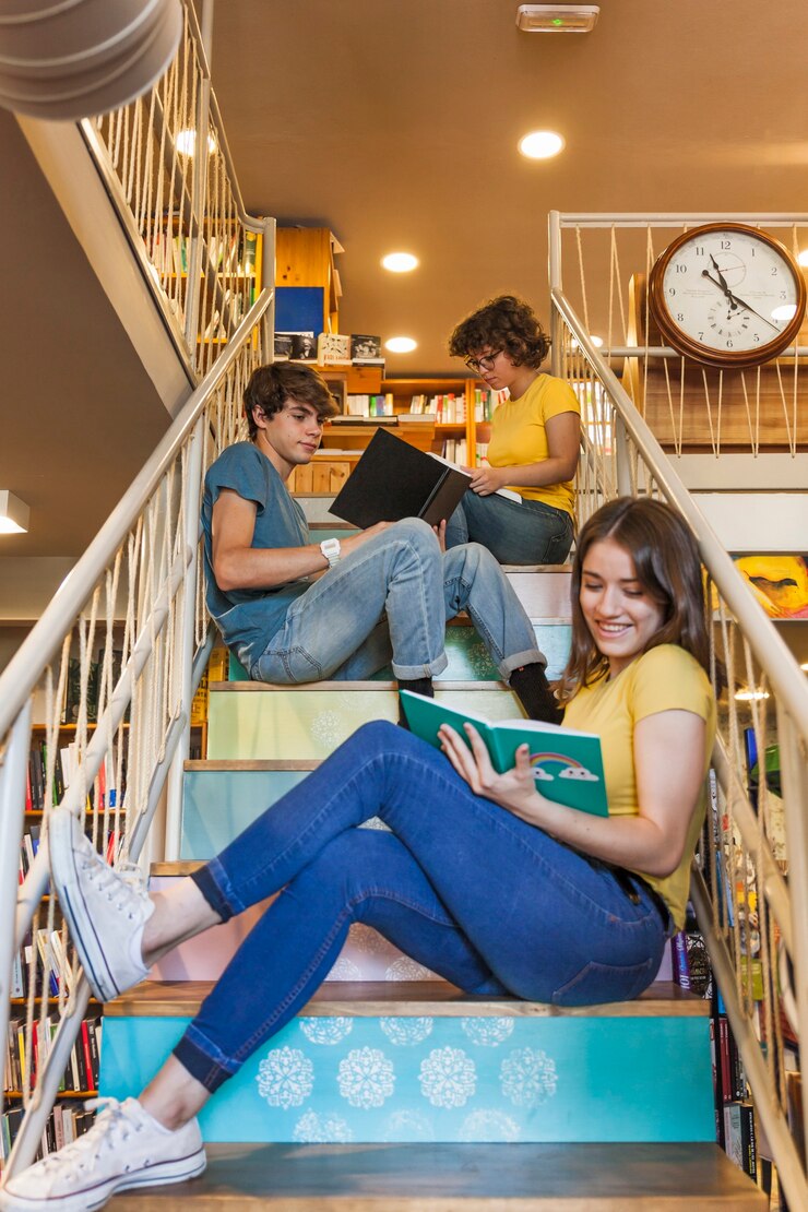 Free Photo teen girl reading book on steps near friends