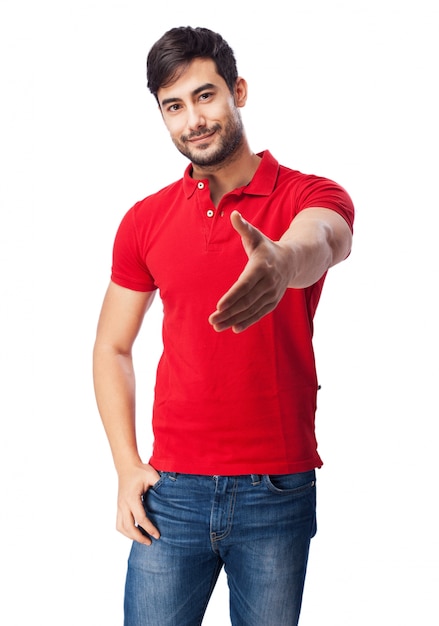 Teen with hand extended on white background