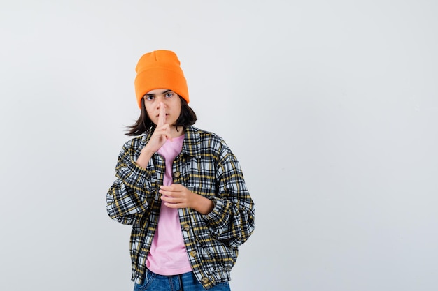 Teen woman in checkered shirt and beanie gesticulating isolated