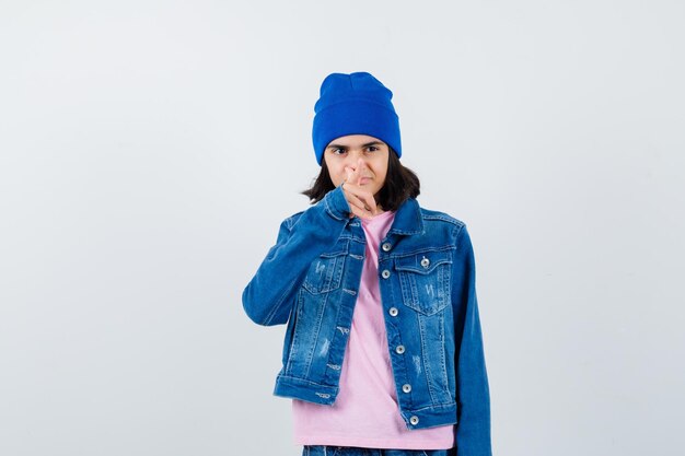 Teen woman pointing at camera with index finger in pink t-shirt looking focused