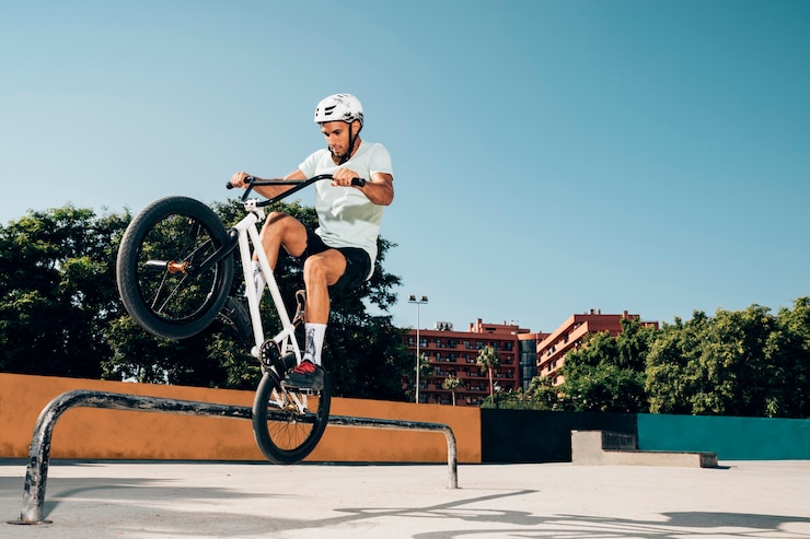 無料Photo スケートパークでトリックを実行する10代のbmxライダー
