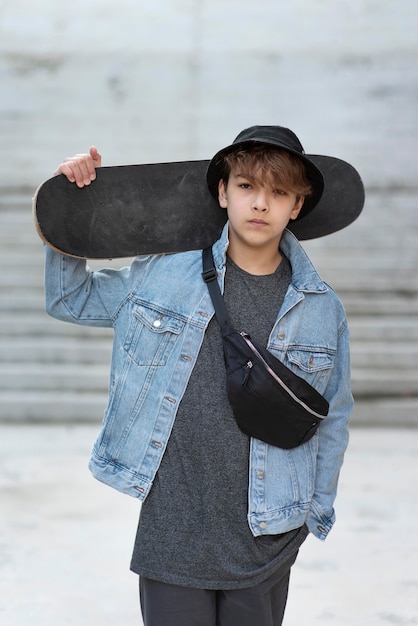 Free photo teenage boy with skateboard