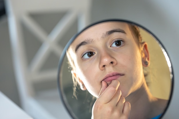 A teenage girl looks thoughtfully at her reflection in the mirror