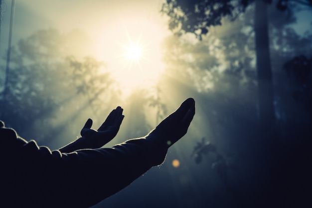 Teenage girl with praying in sunny nature. 