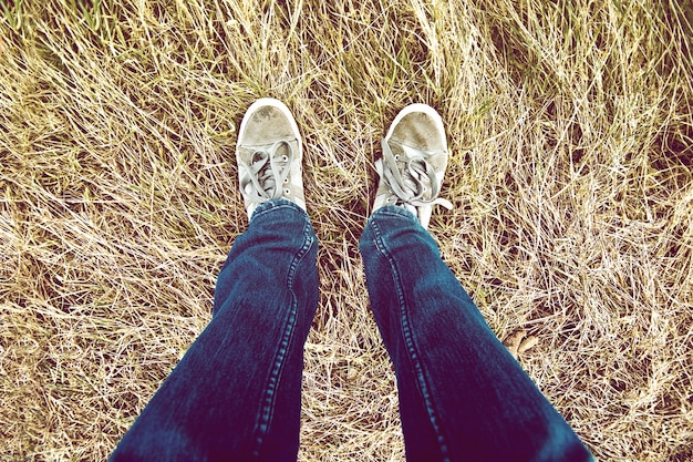 Teenage legs on grass.