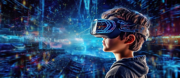 Free photo a teenager boy interacts with virtual reality