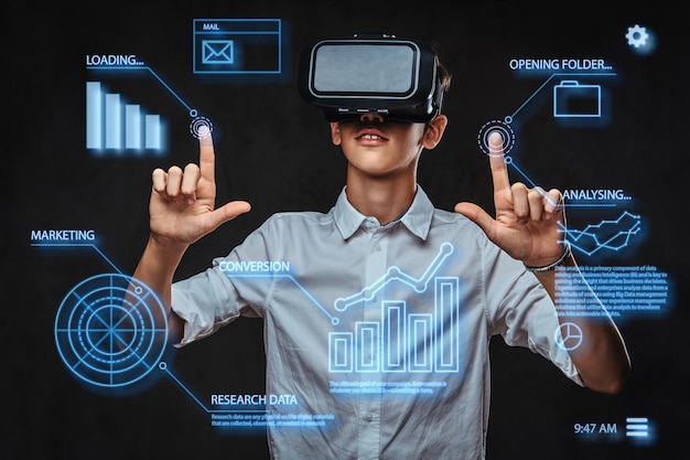 Teenager dressed in a white t-shirt using virtual reality glasses with graph charts, numbers, lines. Technology concept.