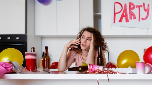 Free photo teenager having a hangover ritual