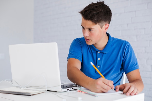 Teenager making notes looking at laptop