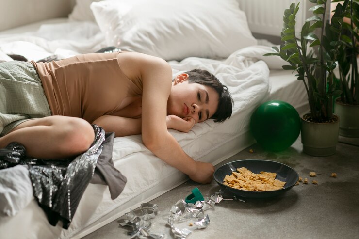 Free Photo teenager trying to reduce hangover effect in the morning