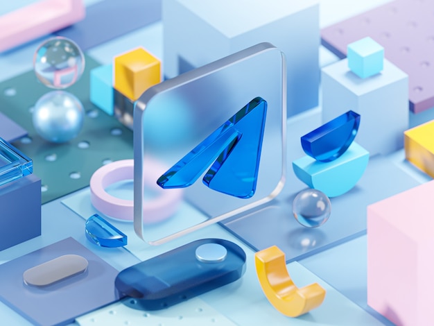 Telegram glass geometry shapes abstract composition art 3d rendering